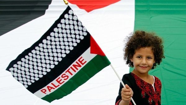 A young girl holds up a Palestinian flag.