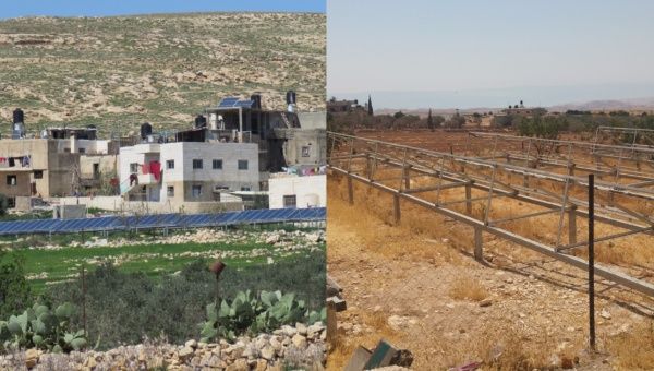 The village of Jubbet al-Dhib before and after the confiscation of its solar panel mounts.