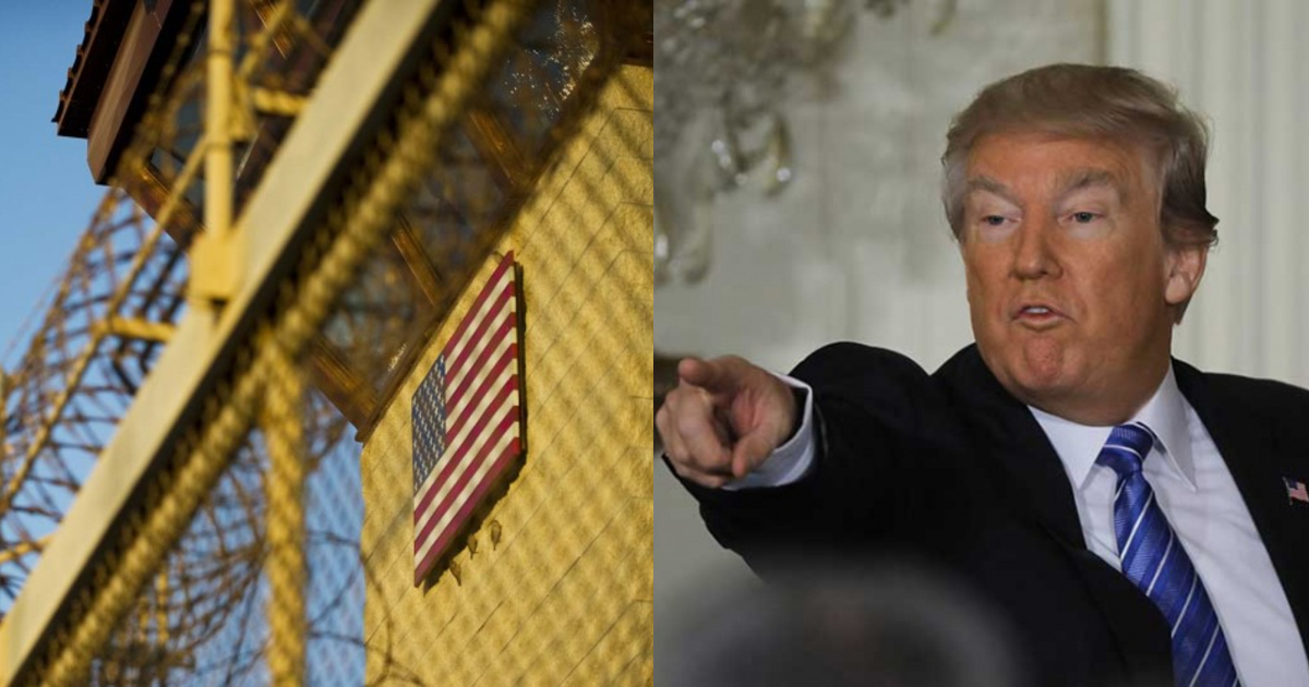 The guard tower at the detention facility of the Joint Detention Group at the US Naval Station in Guantanamo Bay, Cuba (L) and U.S. President Donald Trump.