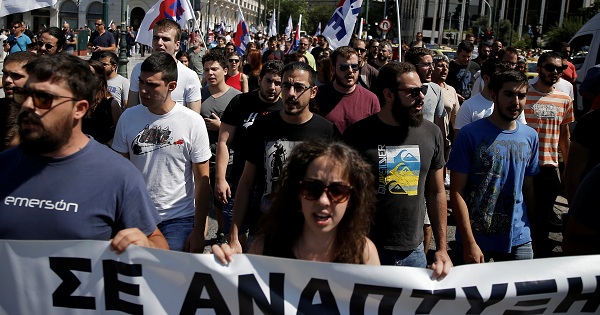 Protesters shout slogans during a 24-hour strike by employees of hotels and restaurants, in Athens, Greece, on July 20, 2017.