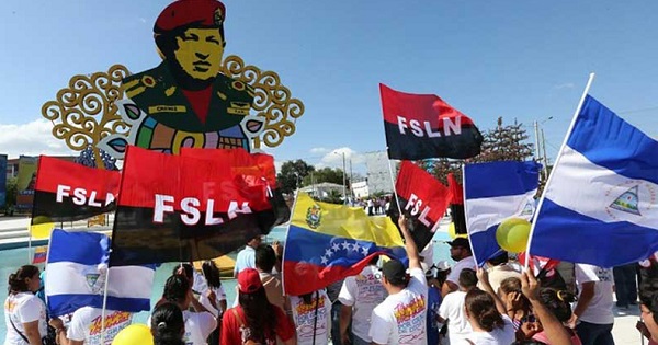 Nicaraguans demonstrate in support of Venezuela's Bolivarian Revolution.