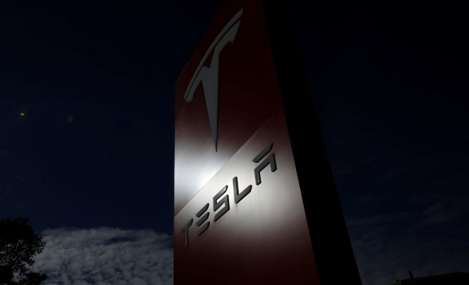 The Tesla corporate logo is pictured at a Tesla electric car dealership in Sydney, Australia.