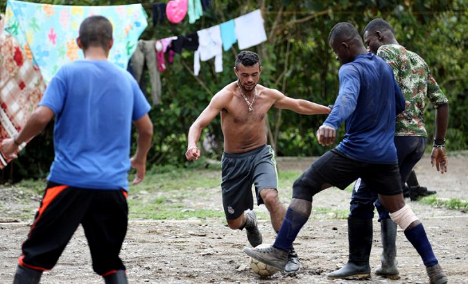 Former FARC rebels from the Alfonso Cano Block play soccer in los Robles, in the mountains of the province of El Cauca. FILE