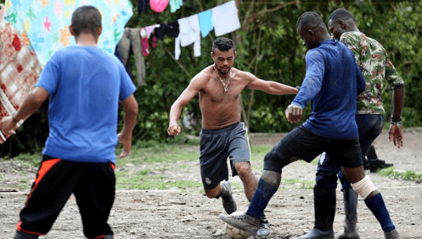 Former FARC rebels from the Alfonso Cano Block play soccer in los Robles, in the mountains of the province of El Cauca. FILE