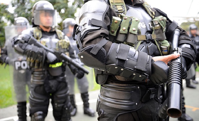 Members of Colombia's heavily-armed Mobile Anti-Riot Squad (ESMAD) police forces.