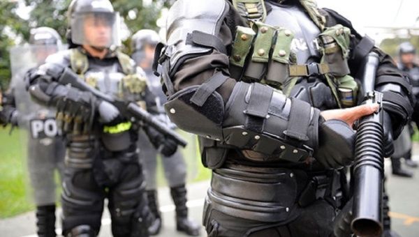 Members of Colombia's heavily-armed Mobile Anti-Riot Squad (ESMAD) police forces.