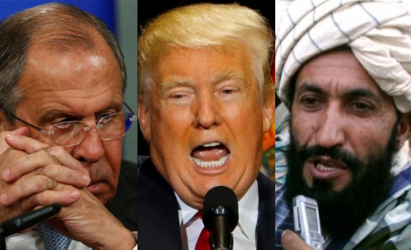 Left to right: Russian Foreign Minister Sergei Lavrov, U.S. President Donald Trump and Taliban spokesman Zabihullah Mujahid.