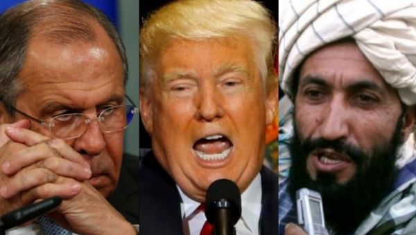 Left to right: Russian Foreign Minister Sergei Lavrov, U.S. President Donald Trump and Taliban spokesman Zabihullah Mujahid.