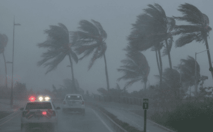 Police patrol the area as Hurricane Irma slams across islands in the northern Caribbean on Wednesday, in San Juan, Puerto Rico September 6, 2017