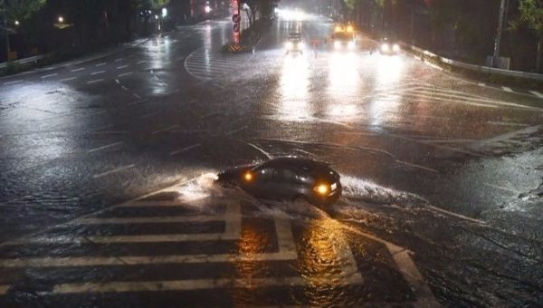 A water-covered roadway caused by heavy rains from Typhoon Lan is seen in Nagoya, Japan, in this photo taken by Kyodo October 22, 2017. 
