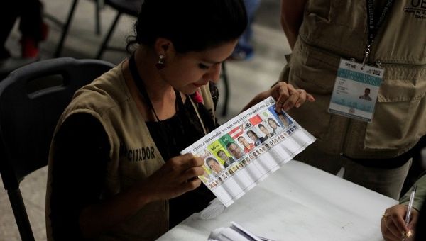 Scrutineers re-count ballots of the general election during a partial re-count in presidential vote in Tegucigalpa.