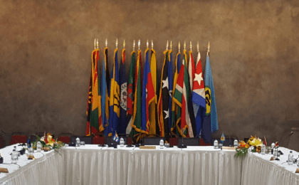 The main meeting room of the 6th Caricom-Cuba Summit, in Antigua and Barbuda, December 2017.