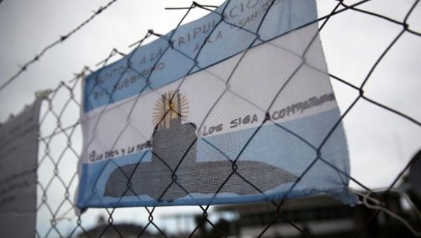 An Argentinian flag with messages in support of the 44 crew members of the missing ARA San Juan submarine at the Mar del Plata naval base.