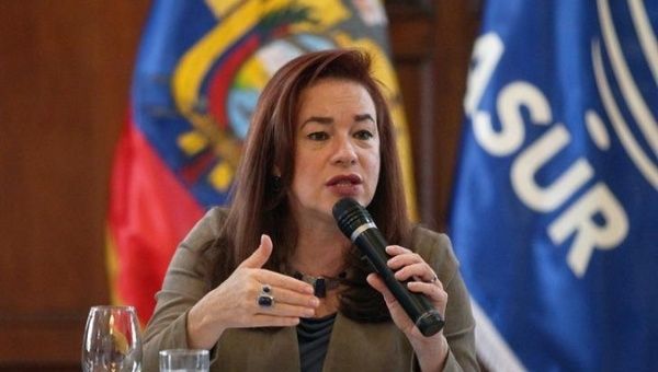 Ecuador's Foreign Minister Maria Fernanda Espinoza addresses the foreign media in Quito, Ecuador Jan. 9, 2018. 