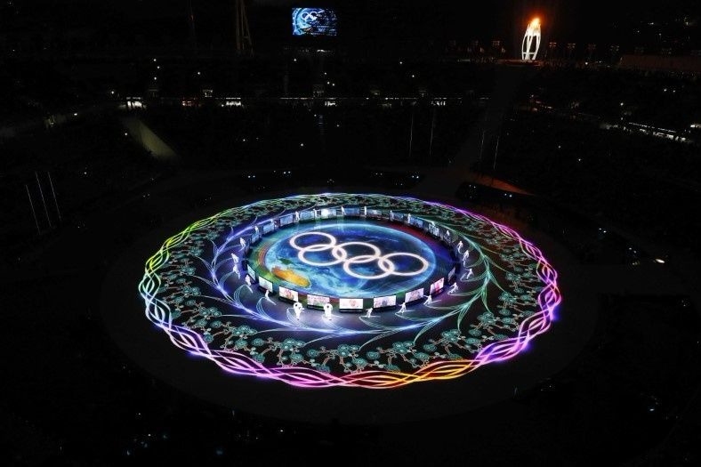The Olympic rings on display at the closing ceremony of the Pyeongchang Winter Games in South Korea.