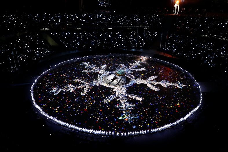 Performers formed a snowflake at the closing ceremony of the Pyeongchang Winter Games in South Korea.