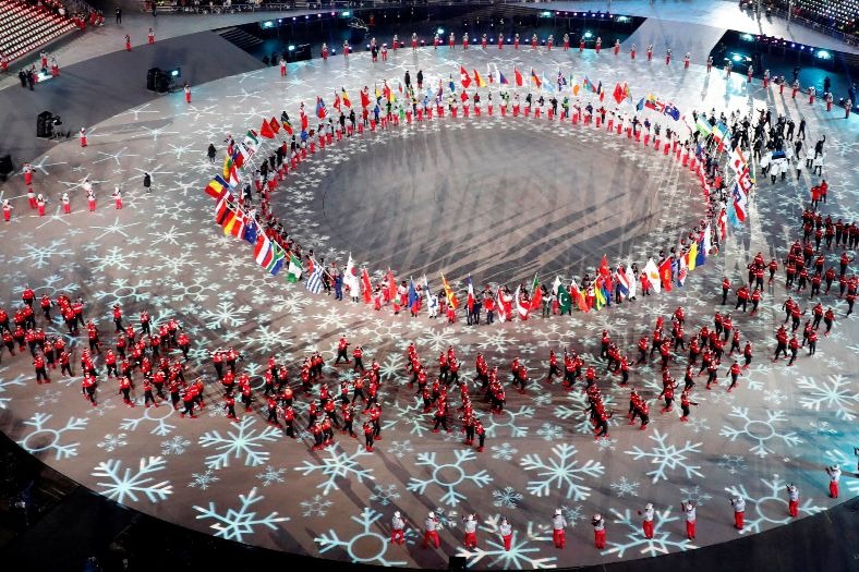 Flags on display at the closing ceremony of the Pyeongchang Winter Games in South Korea.