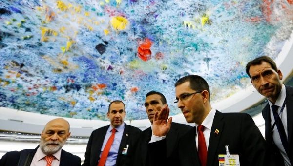 Venezuela's Foreign Minister Jorge Arreaza leaves after his address to the Human Rights Council at the U.N. in Switzerland Sept. 11, 2017. 