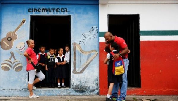 A girl arrives at school in La Fria, Venezuela.
