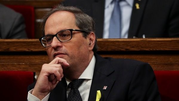 Candidate for the regional presidency of Catalonia, Quim Torra, looks on during an investiture debate at the regional parliament in Barcelona, Spain, May 14, 2018.