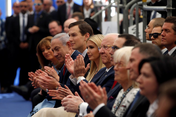 Israeli Prime Minister Benjamin Netanyahu, Senior White House Advisers Jared Kushner and Ivanka Trump and Israeli President Reuven Rivlin applaud during the dedication ceremony of the new U.S. embassy in Jerusalem