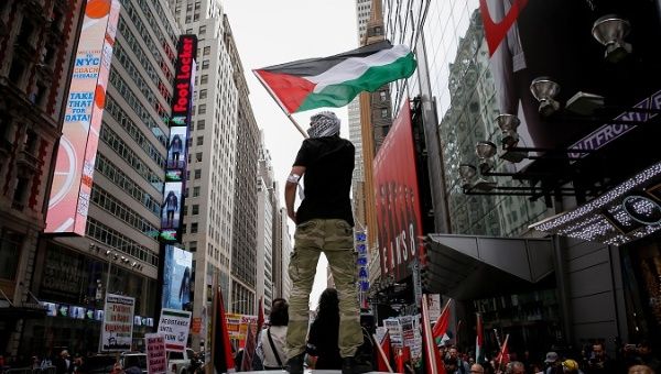 A demonstrator waves a Palestine flag during a pro-Palestine rally in New York City, U.S., May 18, 2018.