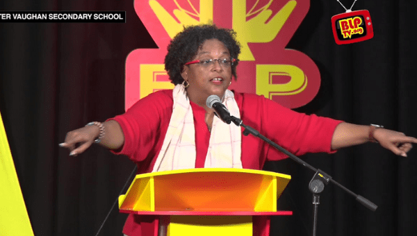 Mia Amor Mottley, Q.C., M.P. at the Community Meeting in St. Thomas. 