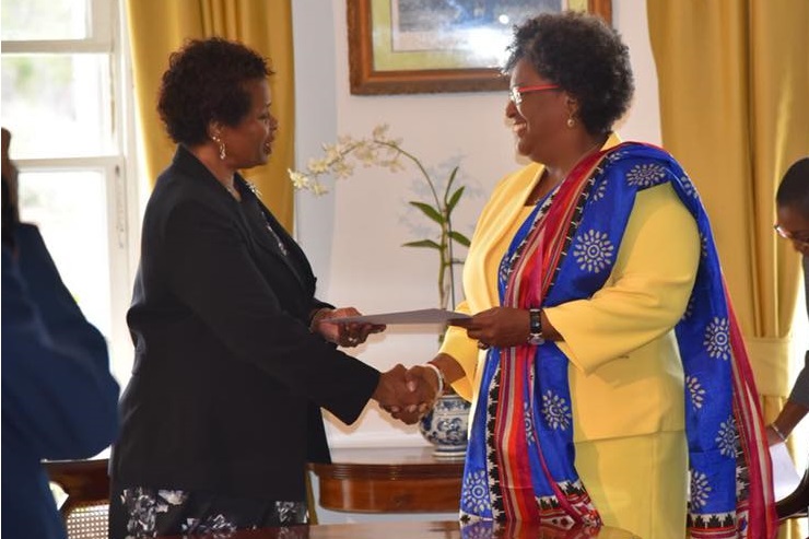 Mia Mottley (Right) Took the Oath of Office Before Governor General Dame Sandra Mason at Government House.