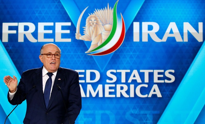Donald Trump's attorney, Rudy Giuliani, addresses exiled People's Mujahedin of Iran (MEK) supporters in Paris, France, June 30, 2018.