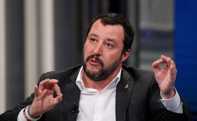 Northern League leader Matteo Salvini gestures during the television talk show 