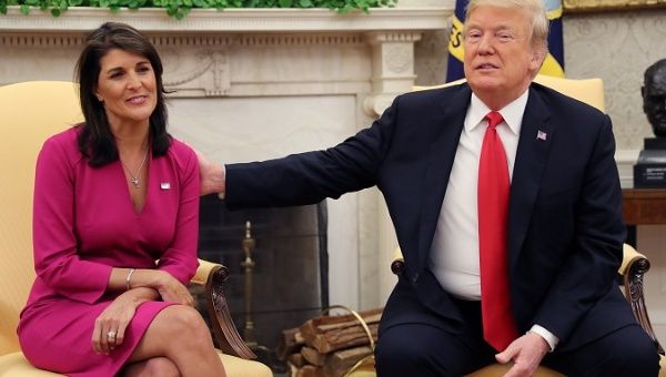 Nikki Haley and Donald Trump at the joint press conference in the Oval Office