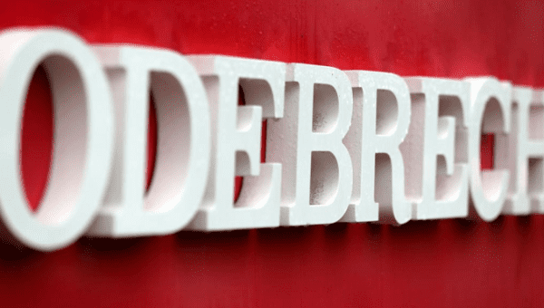 Logo of the Odebrecht construction company in Sao Paulo, Brazil. The company reached a Peru plea deal to continue working in the country Aug. 3, 2018. 