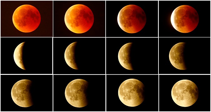 A combination photo shows the lunar eclipse from a blood moon (top L) back to full moon (bottom right) in the sky over Frankfurt, Germany, July 27, 2018.