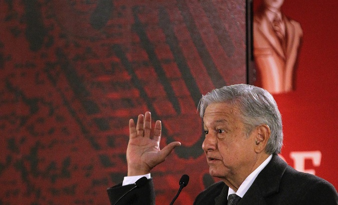 Mexican President Andres Manuel Lopez Obrador speaks during a morning press conference at the National Palace in Mexico City