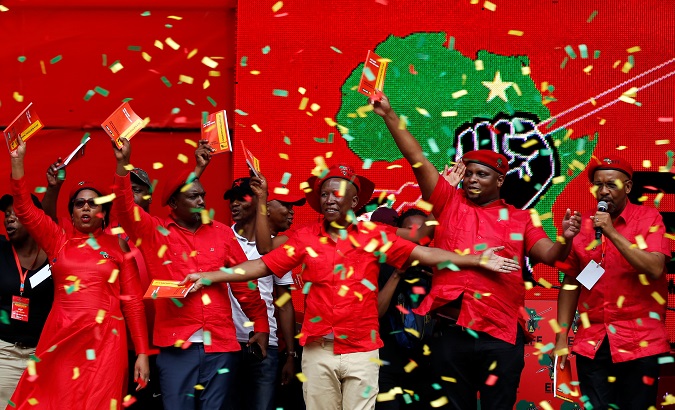 President of South Africa's radical left-wing party, the Economic Freedom Fighters (EFF), Julius Malema gestures during the launch of the party's election manifesto in Soshanguve.