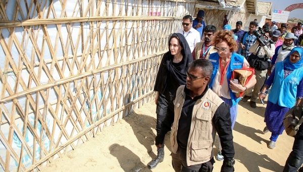 Actor Angelina Jolie joins in a press briefing as she visits Kutupalong refugee camp in Cox's Bazar, Bangladesh, Feb. 5, 2018. 