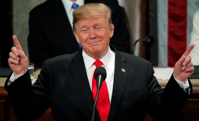 President Donald Trump gestures during his State of the Union address in Washington, U.S., Feb. 5, 2019.