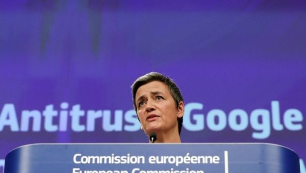 European Competition Commissioner Margrethe Vestager talks to the media at the European Commission headquarters in Brussels, Belgium March 20, 2019.