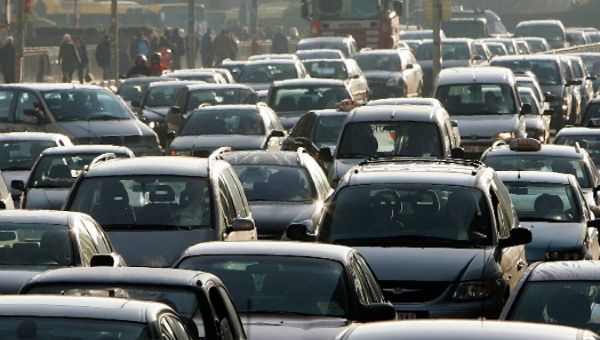 Cars sit in traffic in Brussels, one of the most congested cities in Europe.