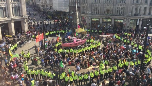 The 'Berta Caceres Boat' placed on London's busy Oxford Circus in protest.