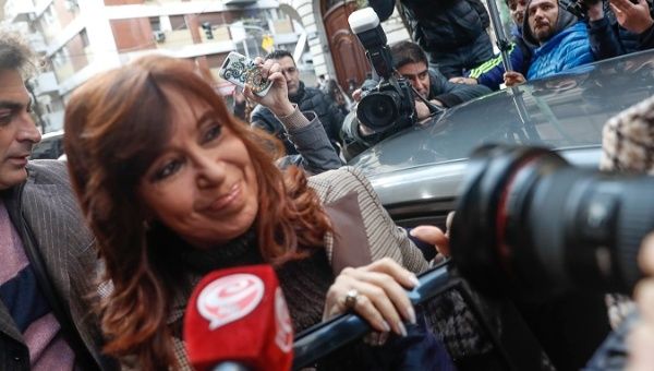 Former President Cristina Fernandez leaving her home in Buenos Aires, Argentina, Aug. 13, 2018.
