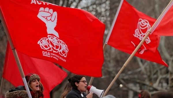 The flag of the Democratic Socialists of America at a march.