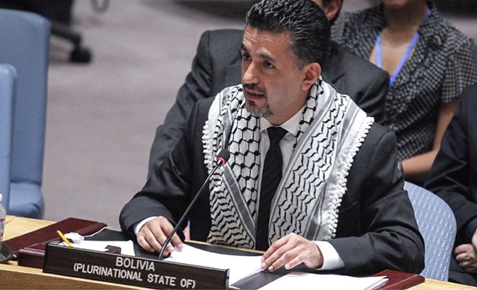 Sacha Llorenti addresses the Security Council in 2014 wearing the Palestinian keffiyeh, a symbol of resistance.