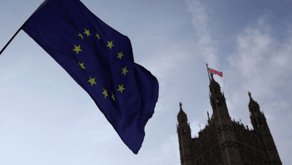 A European Union flag flutters outside the parliament in London, Britain April 10, 2019. 