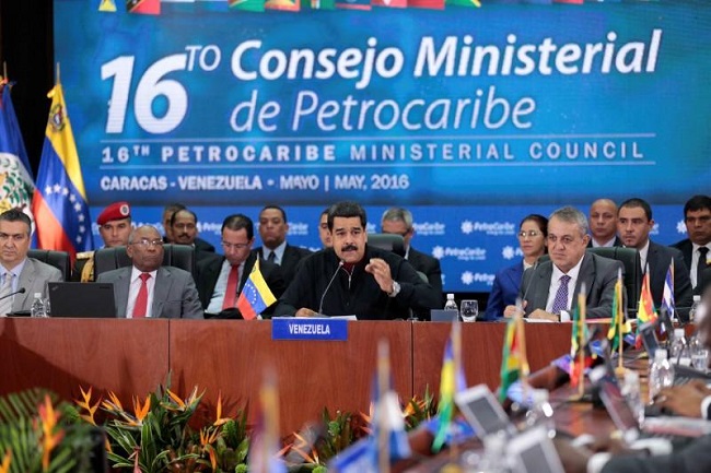 President Nicolas Maduro (C) speaks during the 16th PetroCaribe Ministerial Council in Caracas May 27, 2016.