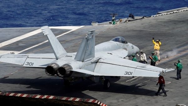 An F/A-18 Super Hornet prepares for take-off, onboard the USS Ronald Reagan, in the South China Sea September 30, 2017. 