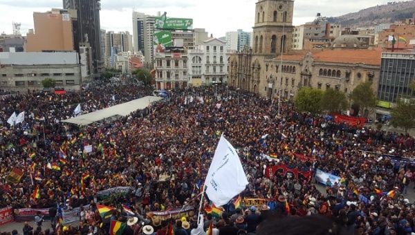 Supporters of Bolivia's President Evo Morales gather during a rally in downtown La Paz.
