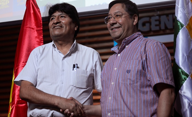 Evo Morales (L) and Luis Arce in Buenos Aires, Argentina, Jan. 27, 2020.