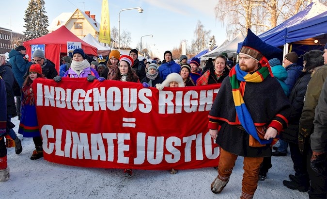 Greta Thunberg (C) at a climate strike with Sami children in Jokkmokk, Sweden, Feb. 07 2020.