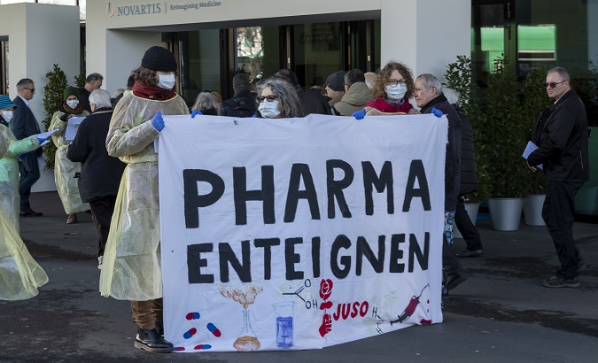 MultiWatch protest prior to Novartis' general assembly, Basel, Switzerland, Feb. 28, 2020.